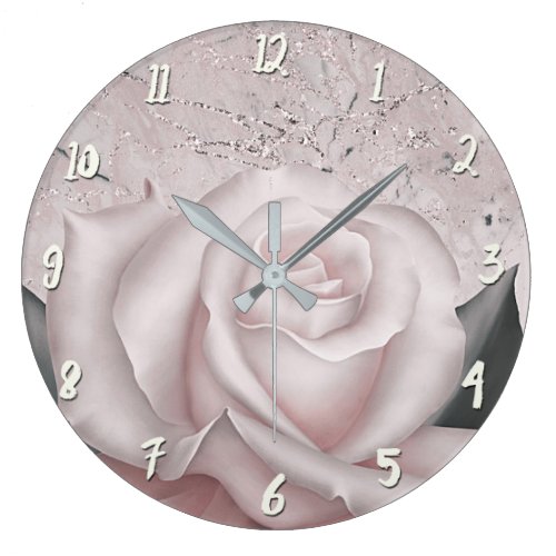 Blush White Rose Glam Modern Marble Shabby Chic Large Clock