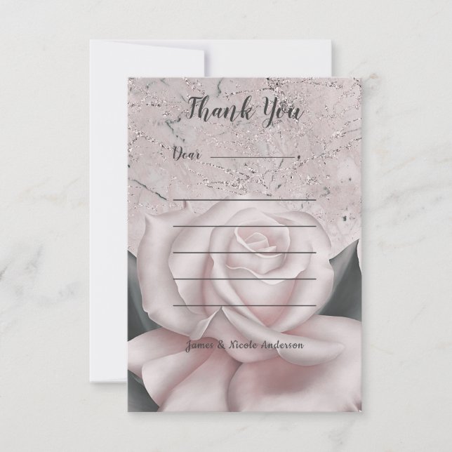 Blush White Rose Glam Modern Marble Shabby Chic Thank You Card (Front)