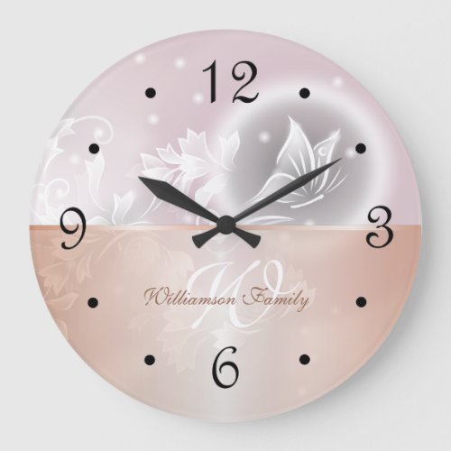 Blush White Rose Gold Floral Fantasy Monogram Large Clock