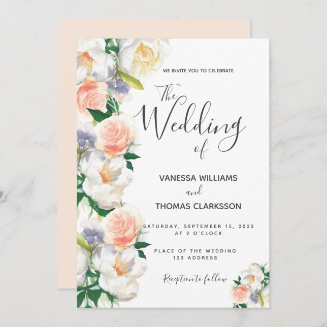 Blush white rose gold script wedding invitation (Front/Back)
