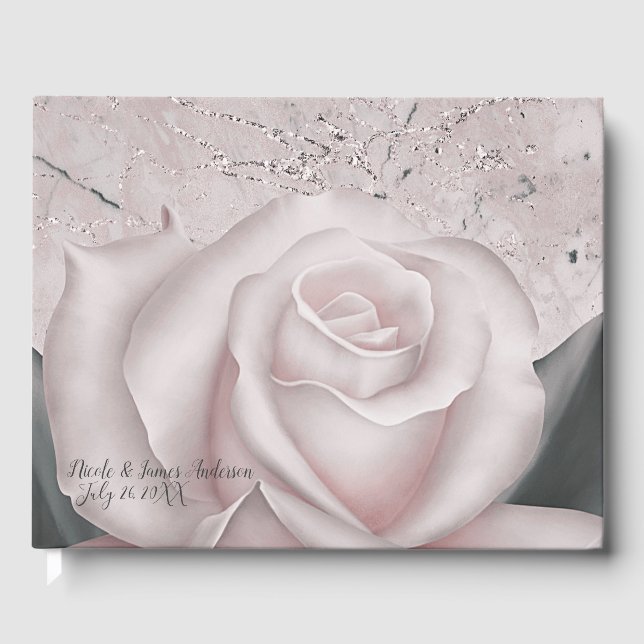 Blush White Rose Modern Marble Chic Wedding Guest Book (Front)
