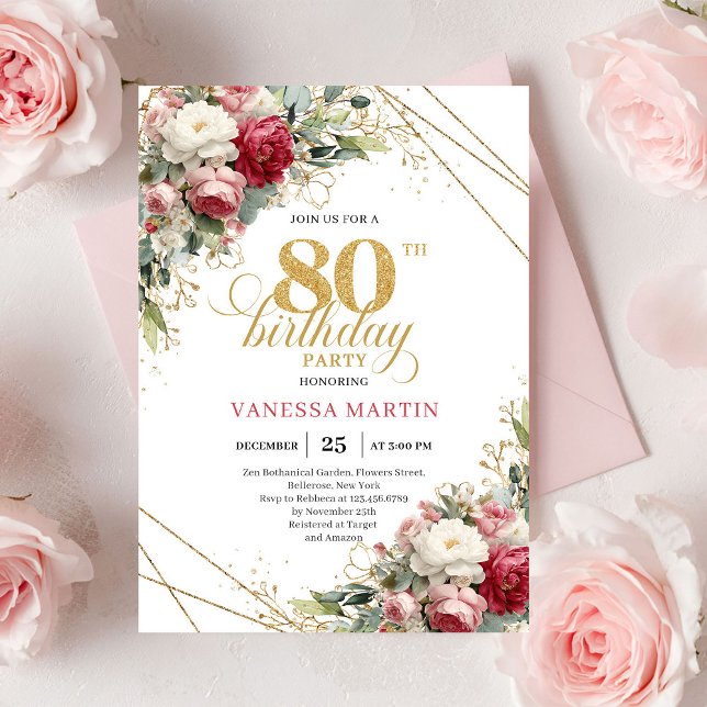 Blush white roses elegant 80th birthday invitation (Blush white roses elegant 80th birthday invitation gold

)