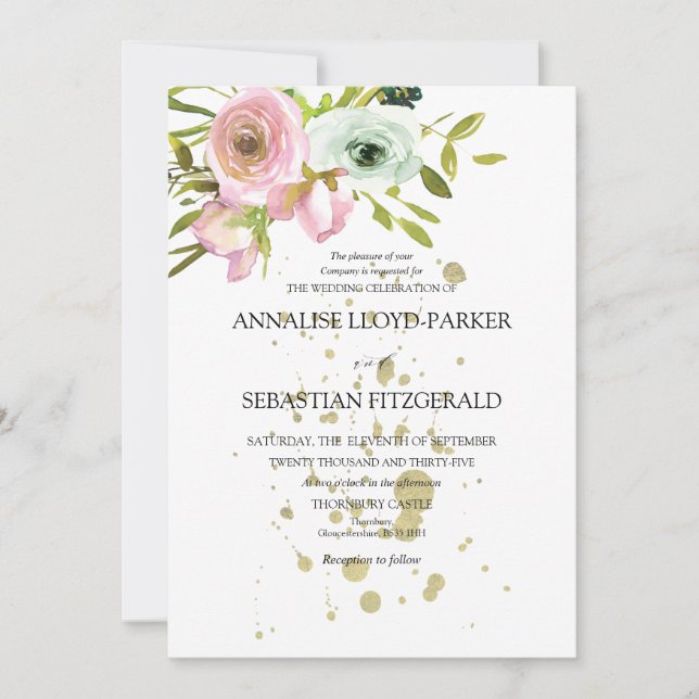 Blush & white roses with  gold splashes  invitation (Front)