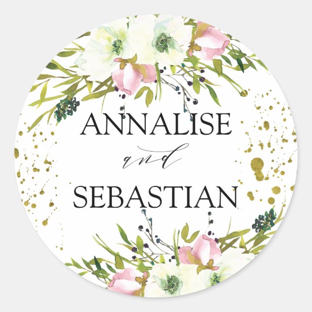  Blush & white roses with gold splashes Wedding  Classic Round Sticker (Front)