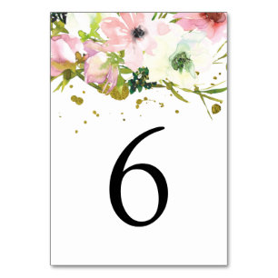 Blush & white roses with gold splashes Wedding Table Number