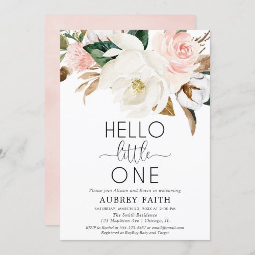 Blush white rustic floral sip see meet baby girl invitation