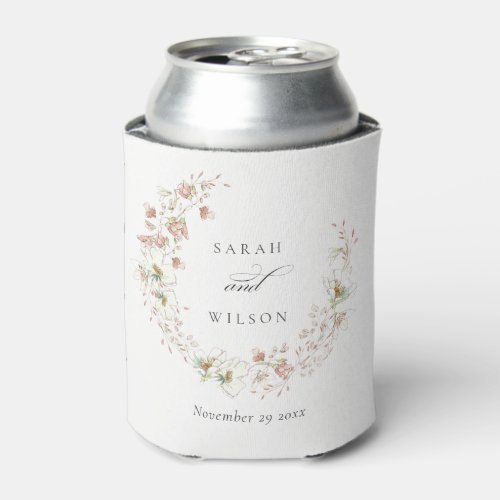 Blush White Rustic Meadow Floral Wreath Wedding Can Cooler
