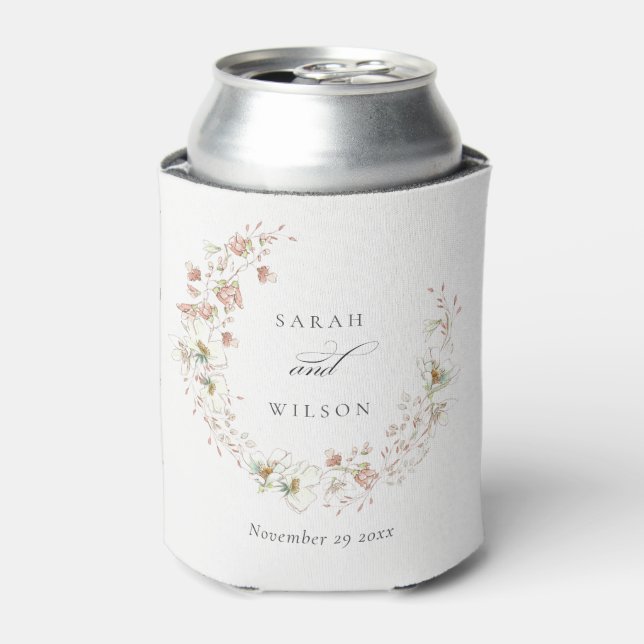 Blush White Rustic Meadow Floral Wreath Wedding Can Cooler (Can Front)