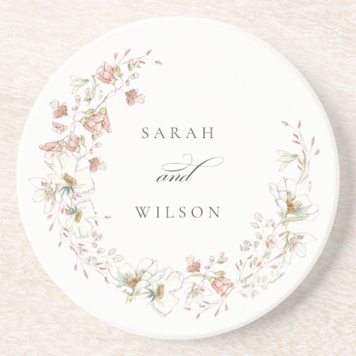 Blush White Rustic Meadow Floral Wreath Wedding Coaster