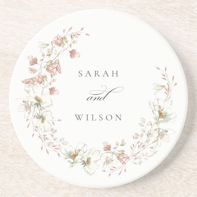 Blush White Rustic Meadow Floral Wreath Wedding Coaster (Front)