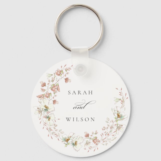 Blush White Rustic Meadow Floral Wreath Wedding Keychain (Front)