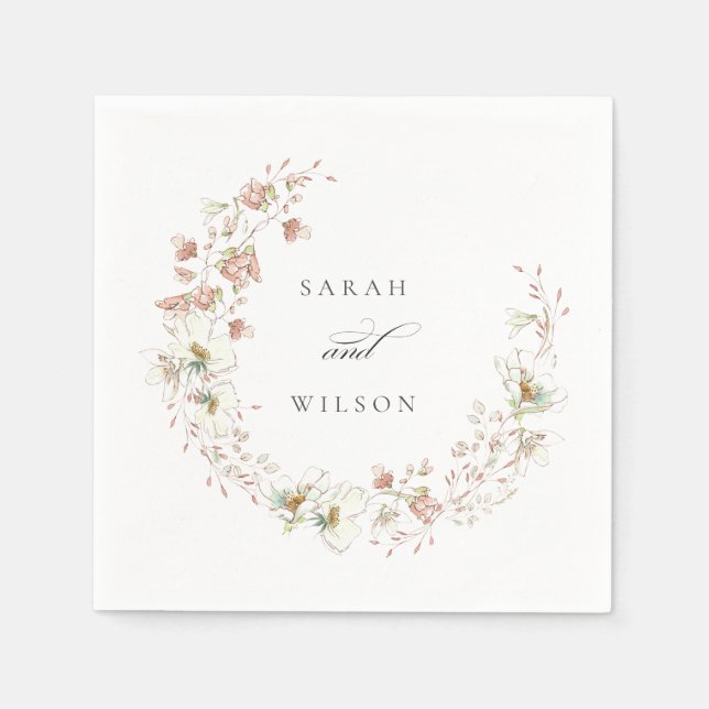 Blush White Rustic Meadow Floral Wreath Wedding Napkins (Front)
