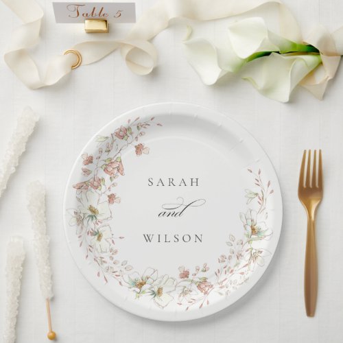 Blush White Rustic Meadow Floral Wreath Wedding Paper Plates