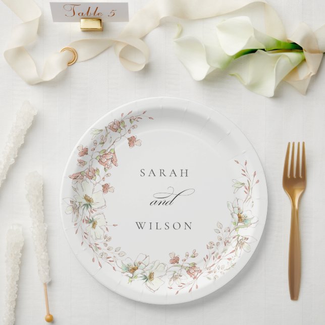 Blush White Rustic Meadow Floral Wreath Wedding Paper Plates (Wedding)