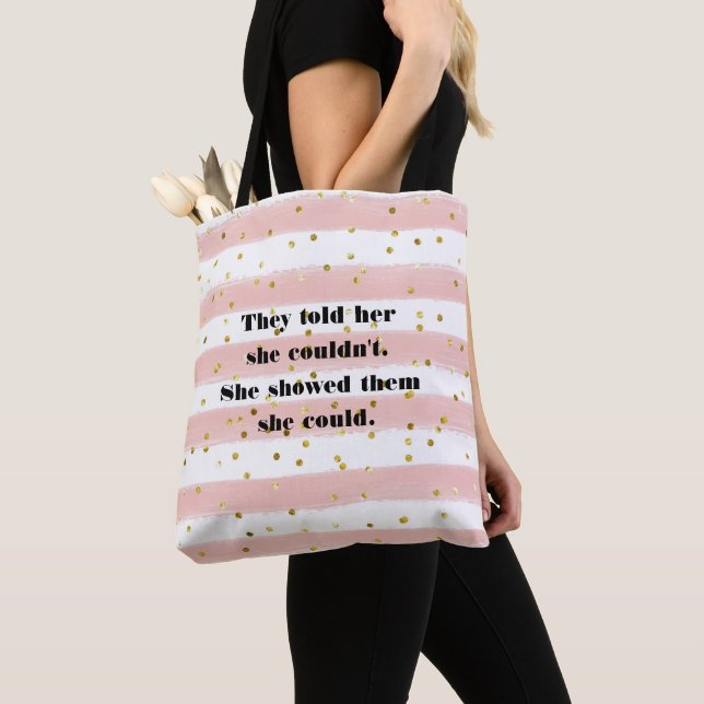 Blush, White, Stripes, Gold Confetti Tote Bag (Close Up)