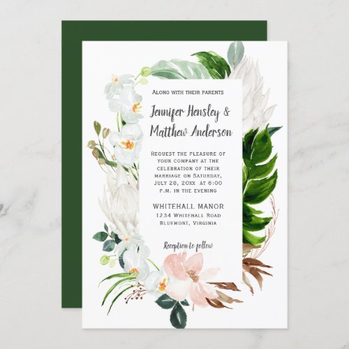 Blush White Tropical Floral Greenery Wedding Invitation