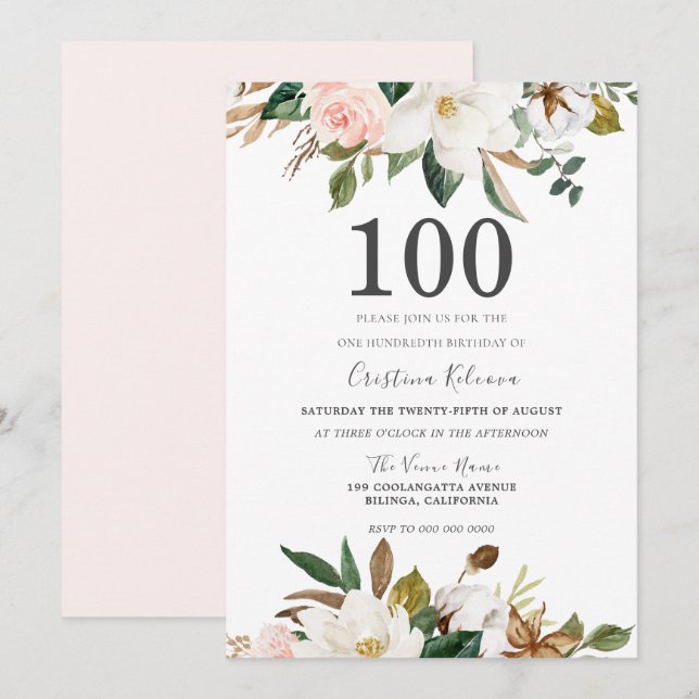 Blush & White Watercolor Flowers 100th Birthday Invitation (Front/Back)