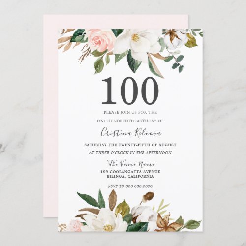 Blush  White Watercolor Flowers 100th Birthday Invitation