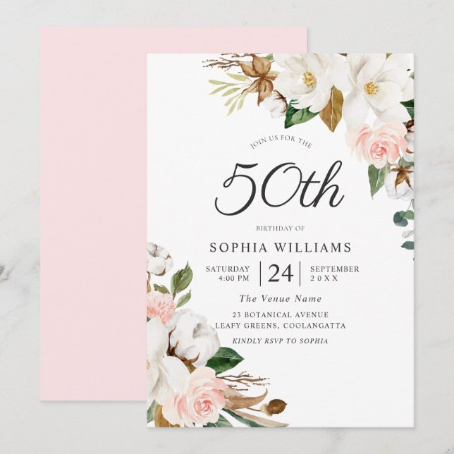 Blush White Watercolor Flowers 50th Birthday Party Invitation (Front/Back)