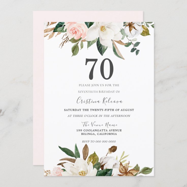 Blush & White Watercolor Flowers 70th Birthday Invitation | Zazzle