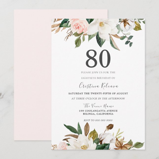 Blush & White Watercolor Flowers 80th Birthday Invitation (Front/Back)