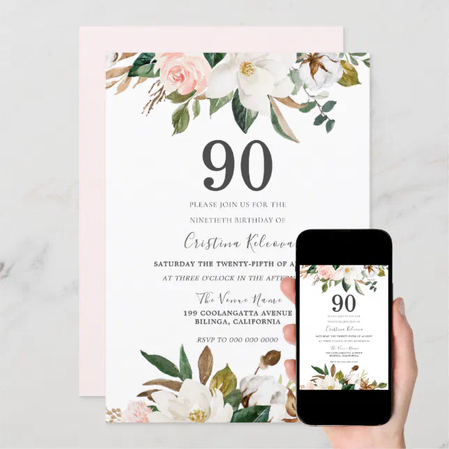 Blush & White Watercolor Flowers 90th Birthday Invitation 