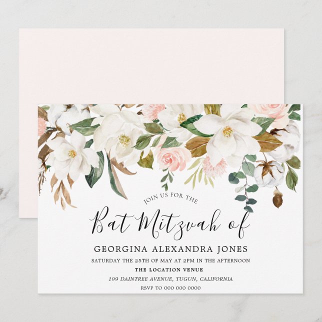 Blush & White Watercolor Flowers Bat Mizvah Invitation (Front/Back)