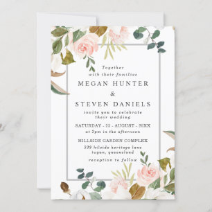 Blush & White Watercolor Flowers Border Wedding Invitation