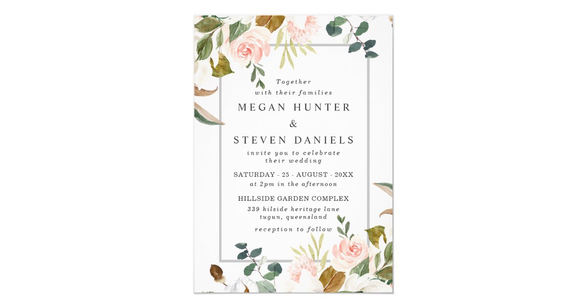 Blush White Watercolor Flowers Border Wedding Invitation Zazzle Com