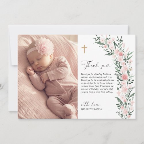 Blush Wildflower Baptism Photo Thank You Card