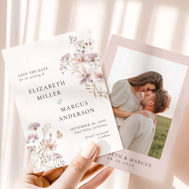 Blush Wildflower Boho Garden Wedding Save the Date (Blush floral save the date card with couple photo and elegant typography wedding stationery)
