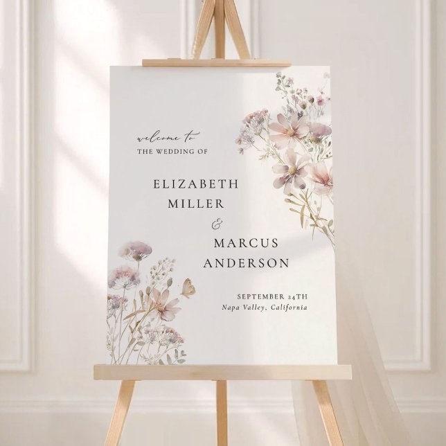 Blush Wildflower Boho Garden Wedding Welcome Sign (Blush wildflower boho garden wedding welcome sign with elegant serif typography)