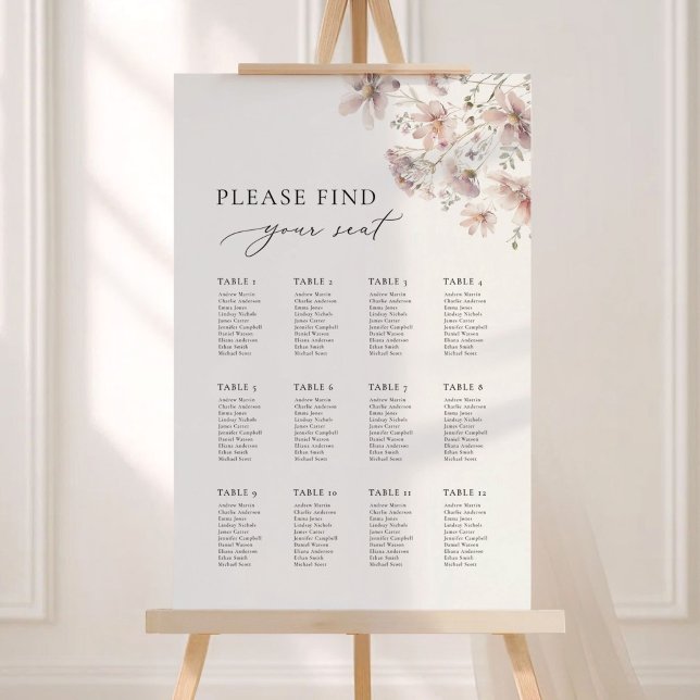 Blush Wildflower Boho Wedding Seating Chart Foam Board (Blush wildflower boho wedding seating chart with soft florals, elegant typography, and airy layout)