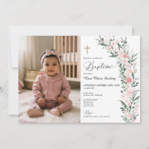 Blush Wildflower Girl Baptism Photo Invitation