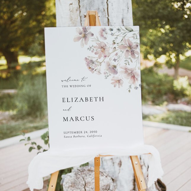 Blush Wildflower Minimal Wedding Welcome Sign (Blush wildflower minimal wedding welcome sign with soft florals and elegant serif typography)