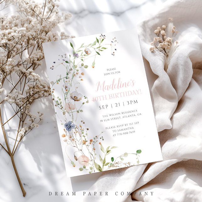 Blush Wildflowers 40th Birthday Invitation (Creator Uploaded)