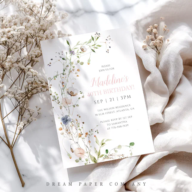 Blush Wildflowers 40th Birthday Invitation | Zazzle