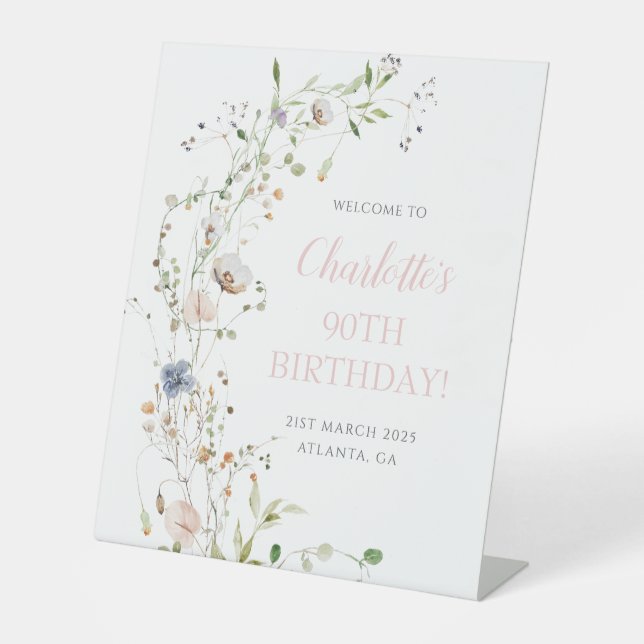 Blush Wildflowers 90th Birthday Welcome Pedestal Sign (Front)