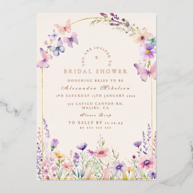 Blush Wildflowers and Butterflies Bridal Shower Foil Invitation (Front)