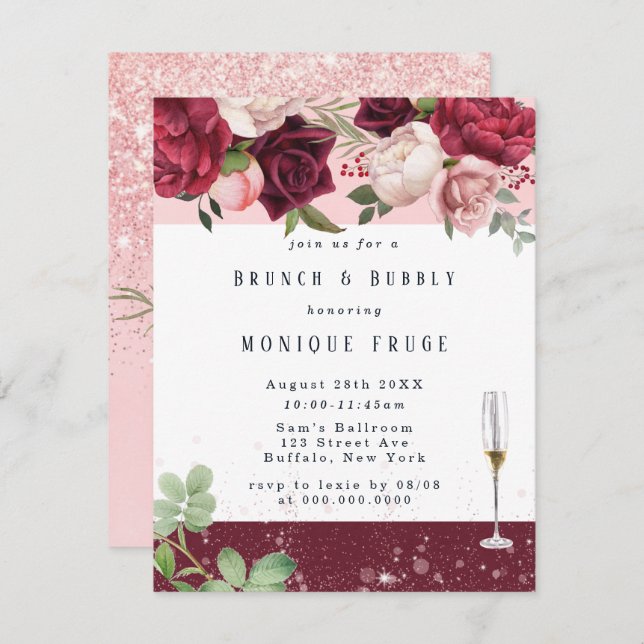 Blush Wine  Peony Glitter Brunch & Bubbly Invites (Front/Back)
