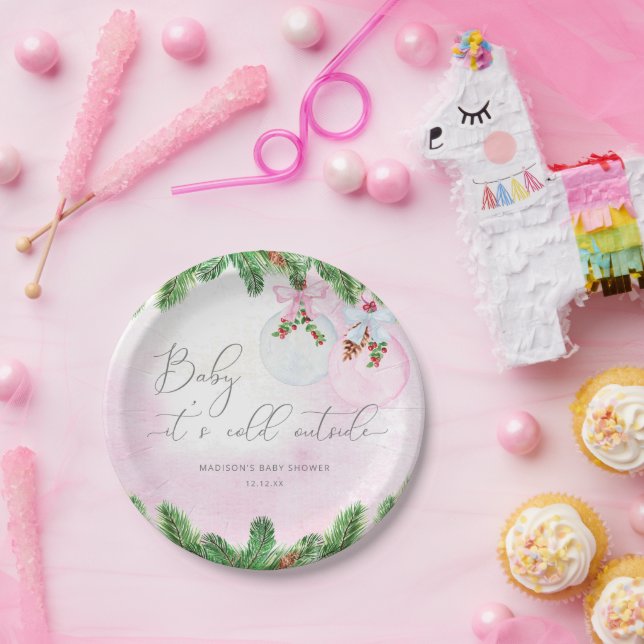 Blush Winter Christmas Baby Shower Paper Plates (Party)