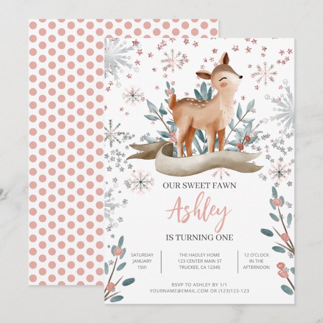 Blush Winter Cute Deer 1st Birthday Invitation (Front/Back)