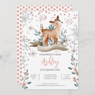 Blush Winter Cute Deer 1st Birthday Invitation
