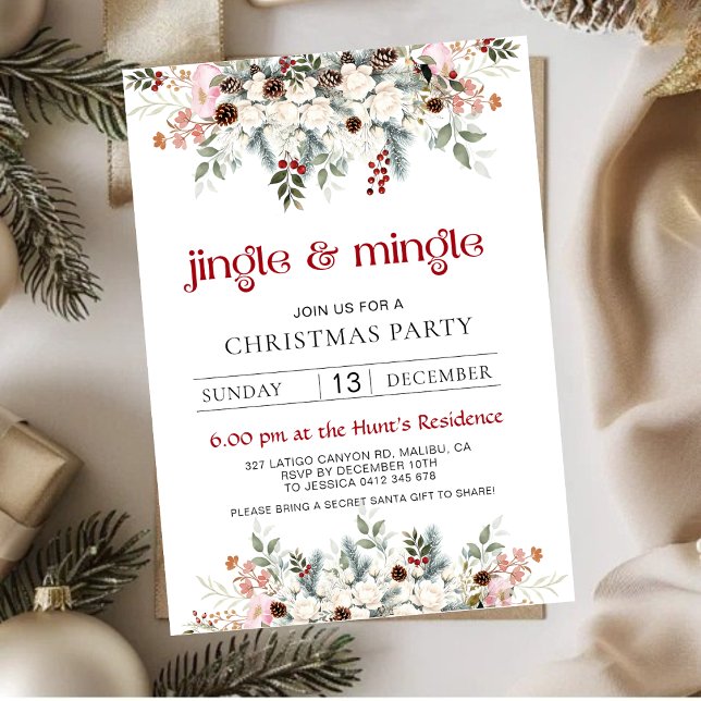 Blush Winter Floral Jingle & Mingle Christmas Part Holiday Card (Creator Uploaded)