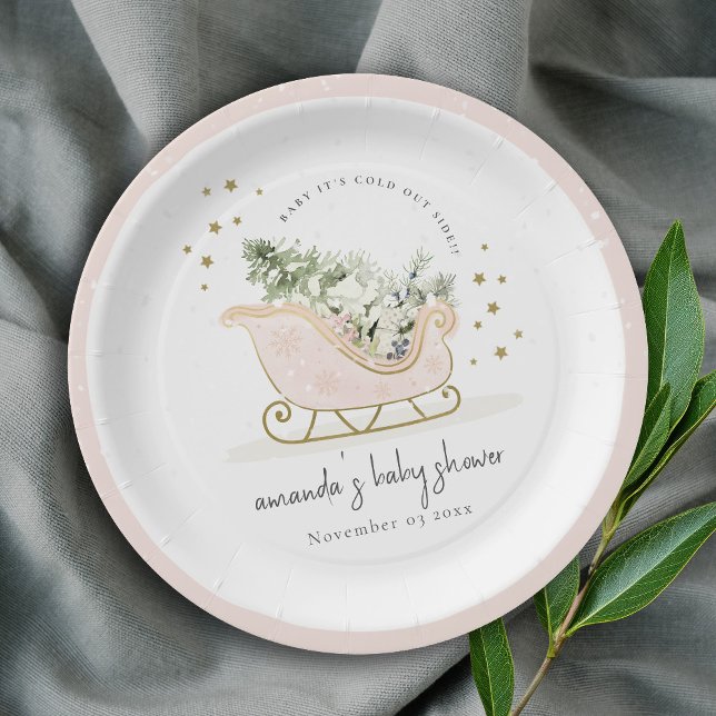 Blush Winter Sleigh Its Cold Outside Baby Shower Paper Plates (Creator Uploaded)
