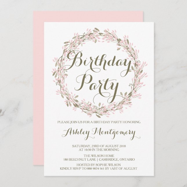 Blush Winter Wreath Birthday Party Invitation (Front/Back)