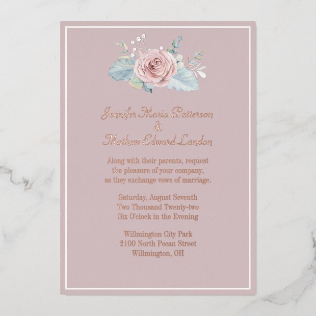 Blush with Pink Rose Wedding Foil Invitation (Front)