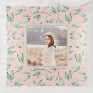Blush with Sage Green Leafy Pattern and Photo Trinket Tray