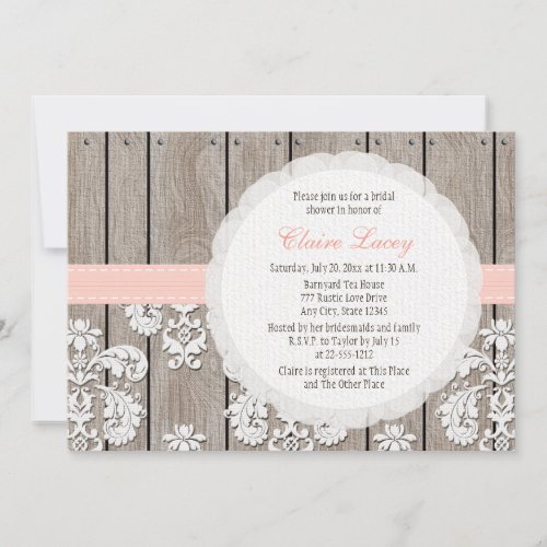 Blush Wood Lace Rustic Bridal Shower Invitations