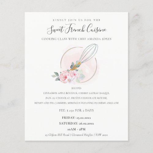 Blush Wooden Whisk Floral Bakery Cooking Class Flyer